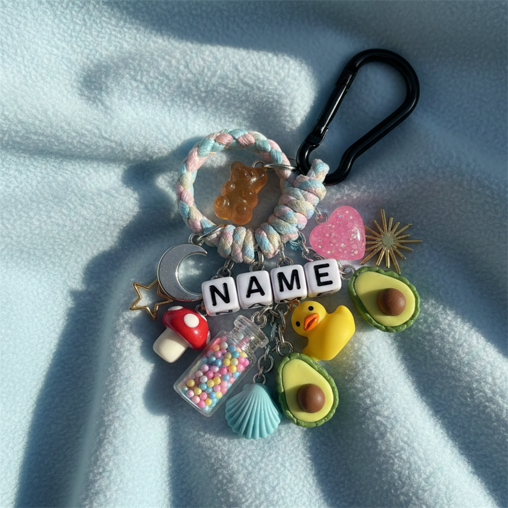 Close up of handmade colorful personalized keychains